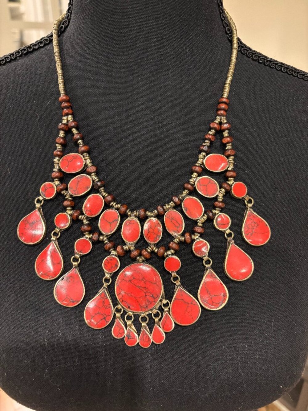 Vintage Handcrafted Tribal Bib Necklace with Genuine Coral Pendants